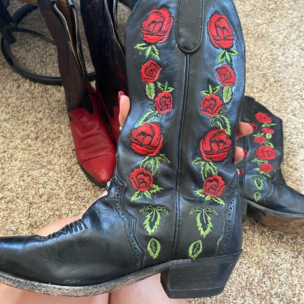 Dan Post Black and Red Heeled Boots with Floral Embroidery